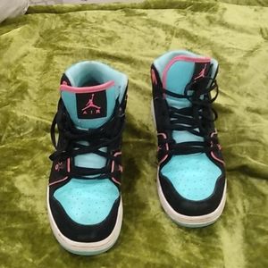 Air Jordans 23's leather/ suede black, turquoise,hot pink youth size 5